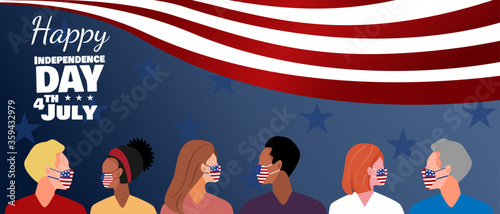 American USA flag with diverse group of people wearing face mask.
