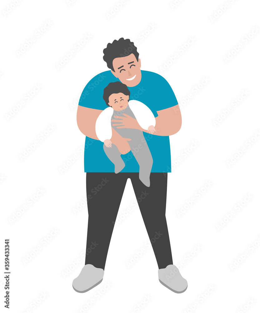 Vector isolated flat illustration with cartoon body positive father is smiling, holding in his arms little cute baby. Happy daddy shows parent's love and care. Adorable family relations