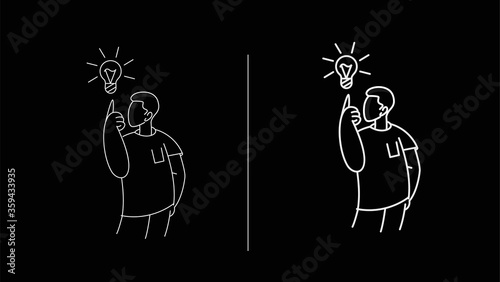 Man having a good idea looking at light idea bulb, Cartoon Hand Drawn Sketch Vector illustration.