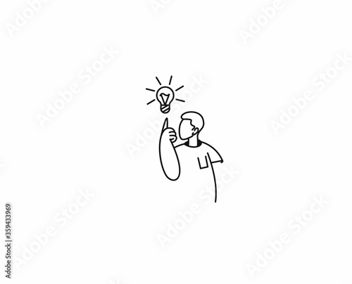 Man having a good idea looking at light idea bulb, Cartoon Hand Drawn Sketch Vector illustration.