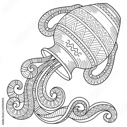 Vector coloring book for adult. Silhouette of jug isolated on white background. Zodiac sign Aquarius