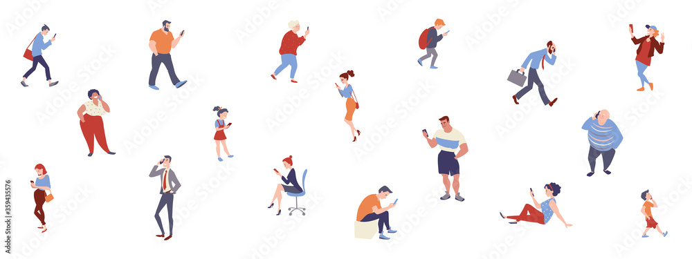 Diverse group of people with smartphones. People and technology background. Women and men talking, texting, searching internet. Vector characters isolated on white.