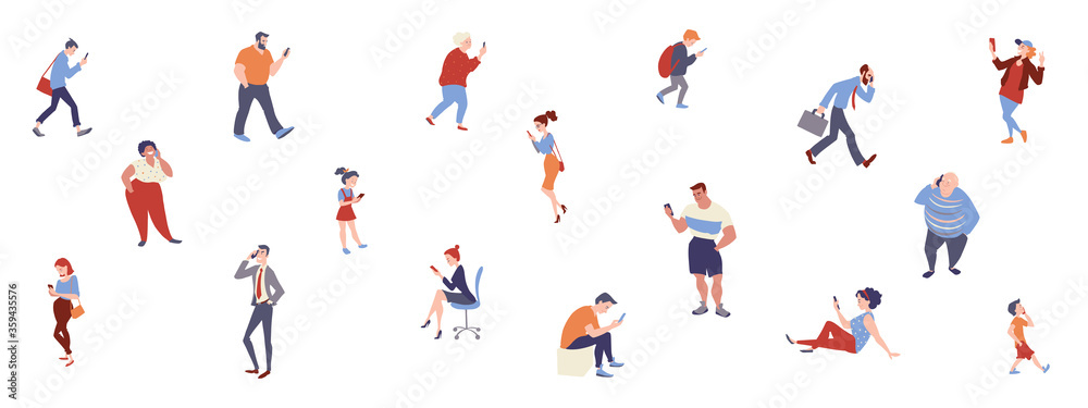 Diverse group of people with smartphones. People and technology background. Women and men talking, texting, searching internet. Vector characters isolated on white. Diverse group of people with smartphones. People and technology background. Women and men talking, texting, searching internet. Vector characters isolated on white.