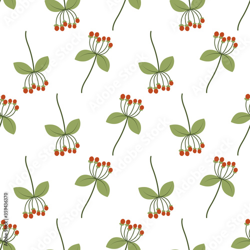 Retro closeup seamless pattern with red berry and green leaf. Vector doodle background. Autumn floral backdrop. Fabric,wrapping paper, wallpaper, print texture.