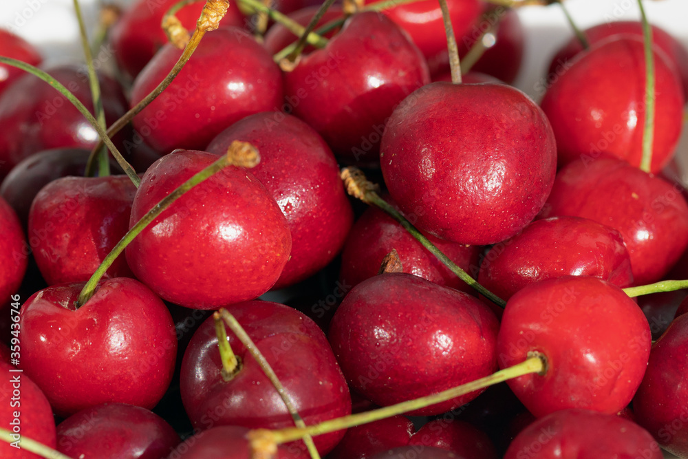 Close up of ripe cherries with stalks. fresh red cherries background. Soft focus