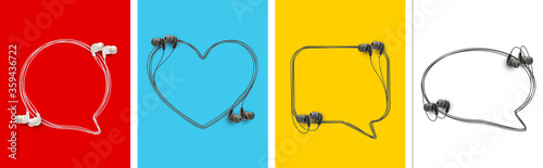 Innovative music quotation template speech bubble set in headphones quotes isolated on backdrop. Creative banner illustration set with quote frame wire with quotes headset modern design cloud remark