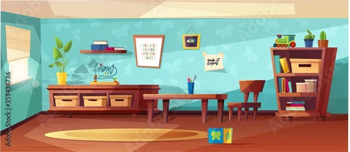 Kindergarten room modern vector  illustration with furniture, sunlight from window and toys for kids. Nursery for kids, little children.  Flat style design. Preschool.