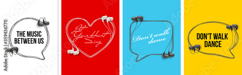 Innovative music quotation template speech bubble set in headphones quotes isolated on backdrop. Creative banner illustration set with quote frame wire with quotes headset modern design cloud remark