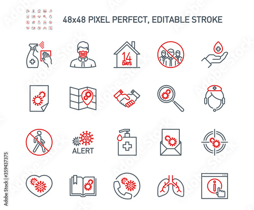 Simple Set of Coronavirus Protection Related Vector Line Icons. Contains such Icons as Protective Measures, Coronavirus Symptoms, Incubation Period and more. Editable Stroke. 48x48 Pixel Perfect.