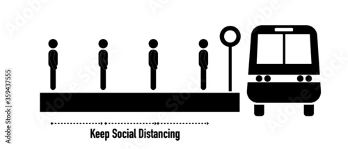 Stick figures is queueing to get on bus, social distancing concept.