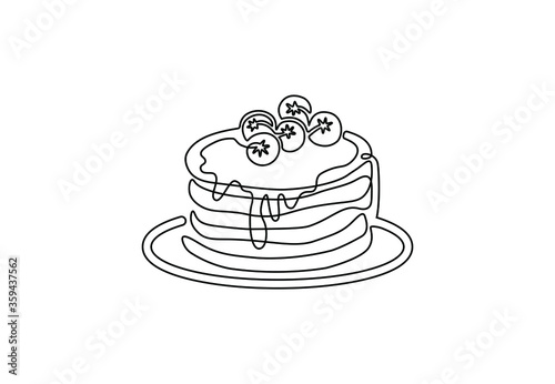 One continuous line drawing of American pancakes with berries and syrup. Breakfast cafe logo template concept. Modern single line draw design vector illustration