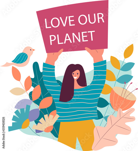 Earth Day. Love our planet. A female activist recalls our attitude to planet Earth. Vector flat illustration.