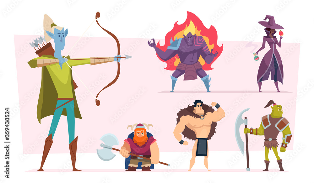 Fantasy characters. Fairytale humans and creatures elf orc demon giant  vector cartoon personages. Fantasy character, wizard and magician  illustration Stock Vector | Adobe Stock