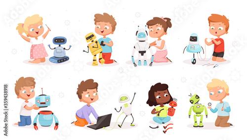 Kids robot programming. Future technology educational process children modelling or repair robotic toys vector science concept characters. Kid programming cyborg, robotic technology illustration