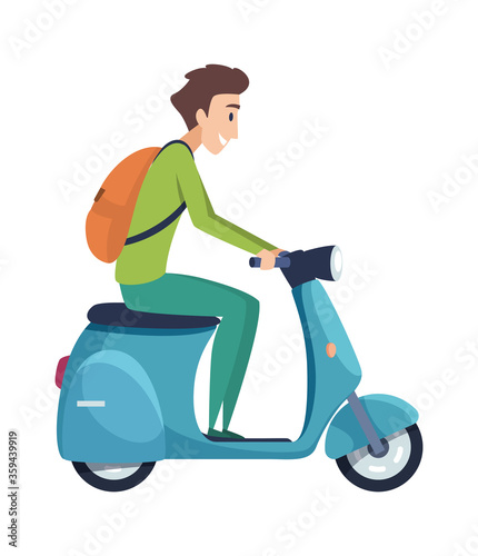 Young man on scooter. Student ride motorcycle, tourist with backpack drive motorcycle. Isolated student biker vector illustration. Trip road transport by bike, transportation character motorcyclist