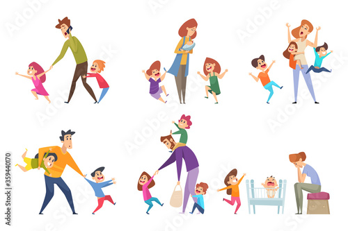 Active kids. Big family tired parents playing with children adult in action poses vector cartoon characters. Illustration tired parent with kids   fatherhood and motherhood