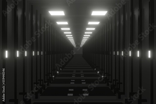 Illuminated corridor interior design. Abstract Futuristic tunnel with light background. 3D rendering.