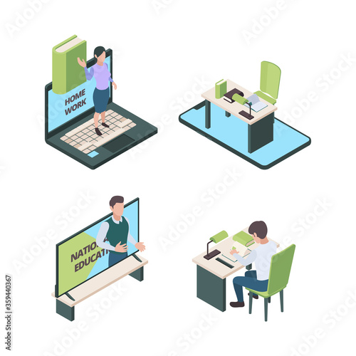 Home education. Online lessons children study parents helping to their kids computer knowledge homeschool vector isometric concept. Education school online, homeschooling quarantine illustration