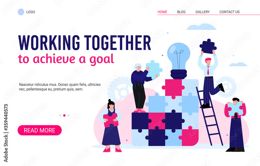 Working together to achieve a goal header for website template with business team connecting jigsaw puzzle parts, flat vector illustration on white background.