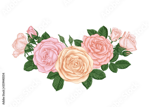 beautiful bouquet with pastel pink roses buds and leaves. Floral arrangement. design greeting card and invitation of the wedding, birthday, Valentine's Day, mother's day and other holiday