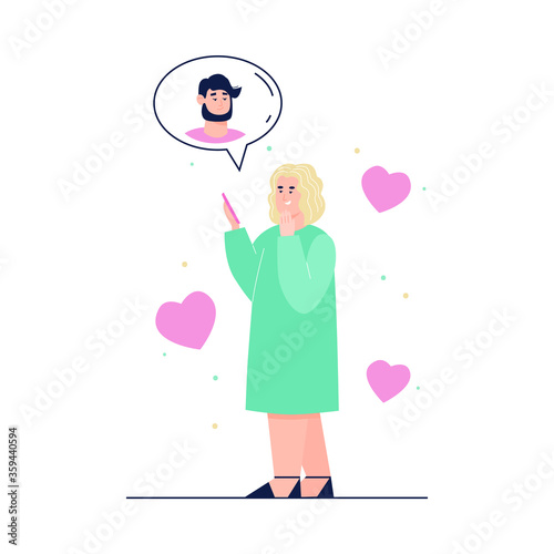 Woman chatting with man using virtual dating mobile application on her phone, cartoon vector illustration isolated on white background. Online dating chat.