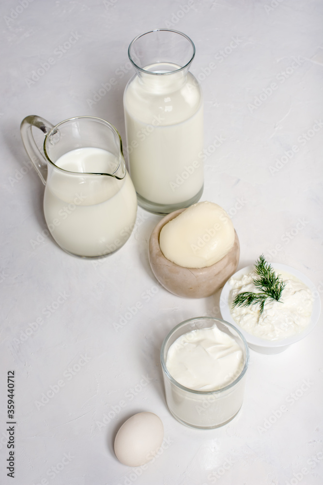 Healthy dairy menu on white rustic background Healthy dairy menu on white rustic background