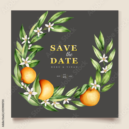 botanical watercolor orange fruits wedding invitation card template