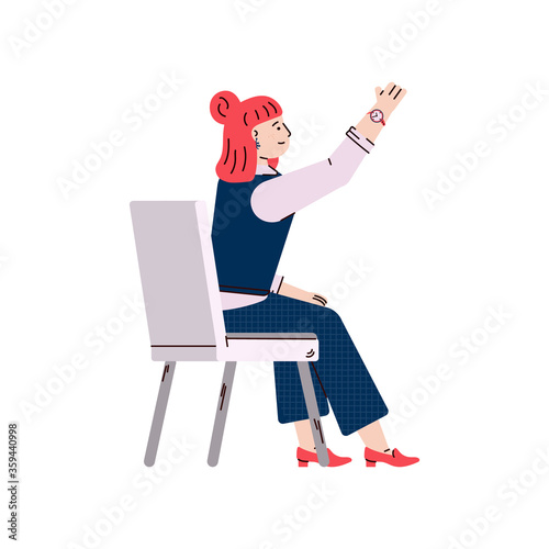Woman raising up hand and wanting to ask question, cartoon vector illustration isolated on white background. Business coaching or training courses listener student.