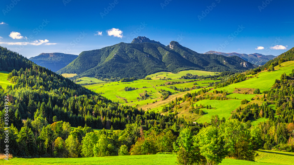 Mountainous landscape with rocky peaks on background at a sunny morning. The  Mala Fatra National Park, Slovakia, Europe.