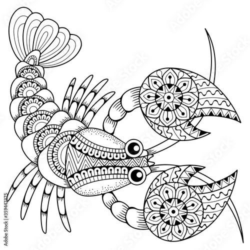 Vector coloring book for adult. Silhouette of cancer isolated on white background. Zodiac sign cancer. Crustaceans.