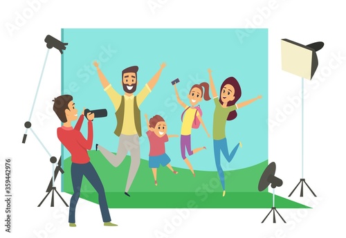 Family photo shoot. Mother father children in studio. Professional photographer with camera and equipment. Cartoon happy people make portrait vector illustration. Family photo session shoot by camera