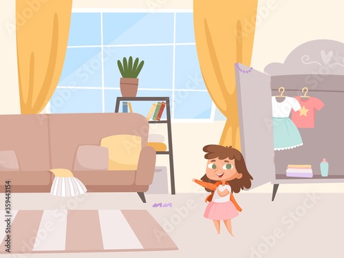 Girl dressing. Little baby in room interior, wardrobe and sofa. Independent child changes clothes vector illustration. Girl dressing in room with furniture