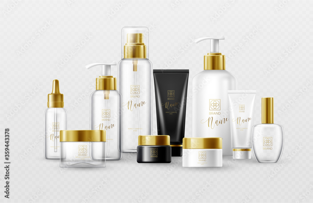 Set of mockup template white, black and glass cosmetic bottles with gold caps isolated on a white background. Real transparency effect. Vector illustration Set of mockup template white, black and glass cosmetic bottles with gold caps isolated on a white background. Real transparency effect. Vector illustration