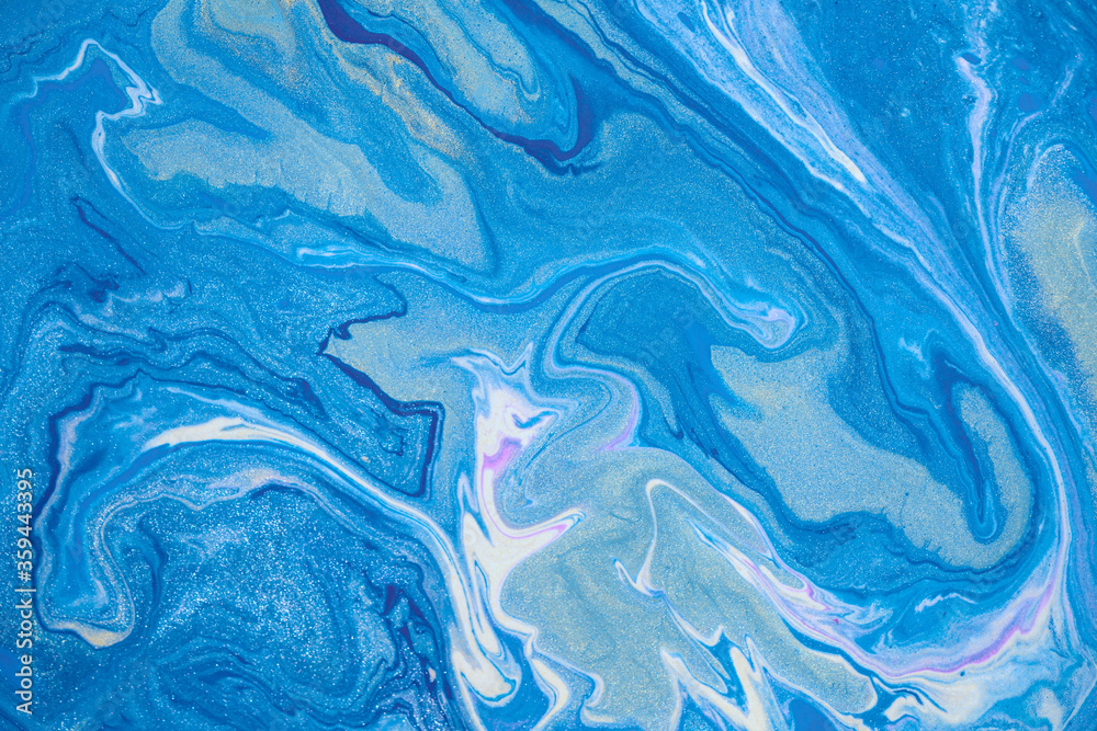 Abstract background in liquid acrylic, white and blue shiny. Streaks of paint background