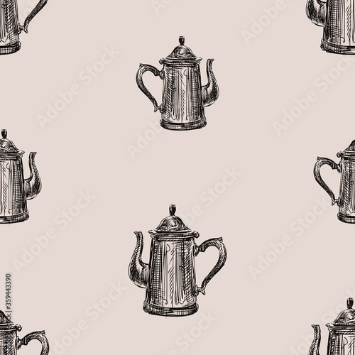 Seamless pattern of sketches old coffee pot