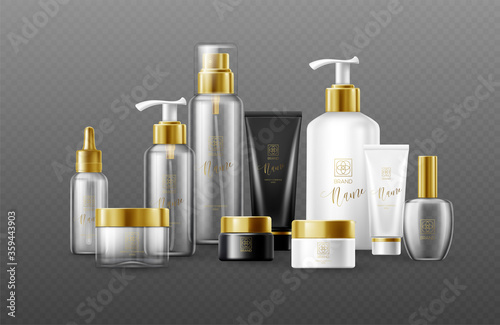 Set of mockup template white, black and glass cosmetic bottles with gold caps isolated on a dark background. Real transparency effect. Vector illustration