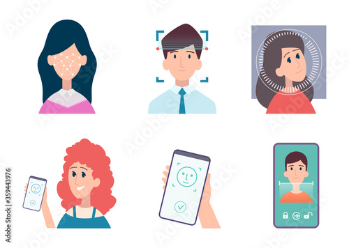 Face identification. Id biometrical people recognition safety smartphone web access smart identification technology vector cartoon set. Scanning recognition, security verification illustration