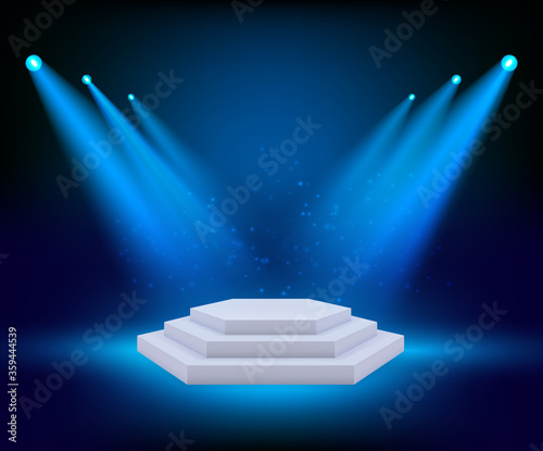 Spot lighting podium. Theatre studio awards platform exhibition floor geometrical stages vector background. Light podium show, platform scene, studio with floodlight illustration