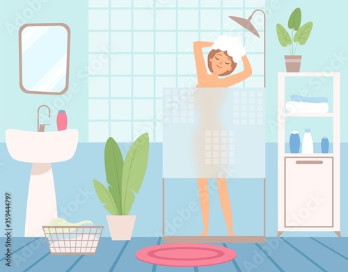 Girl takes shower. Bathroom interior, hygiene procedures. Woman washes her head vector illustration. Girl in bathroom, shower clean with soap