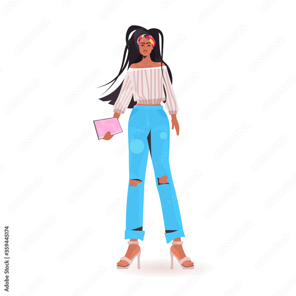 african american woman holding tablet pc beautiful girl model in trendy clothes female cartoon character standing pose full length isolated vector illustration african american woman holding tablet pc beautiful girl model in trendy clothes female cartoon character standing pose full length isolated vector illustration