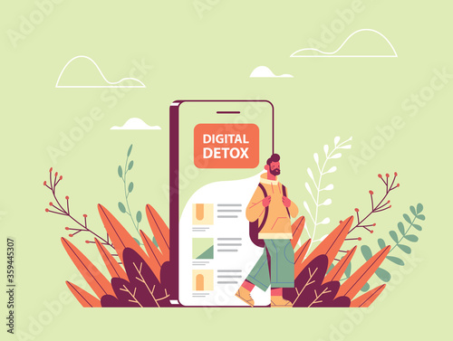 man coming out of cellphone digital detox concept guy escaping from digital addiction abandoning internet and social networks horizontal full length vector illustration