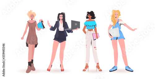 set mix race women using digital devices beautiful girls in trendy clothes female cartoon characters collection full length isolated horizontal vector illustration