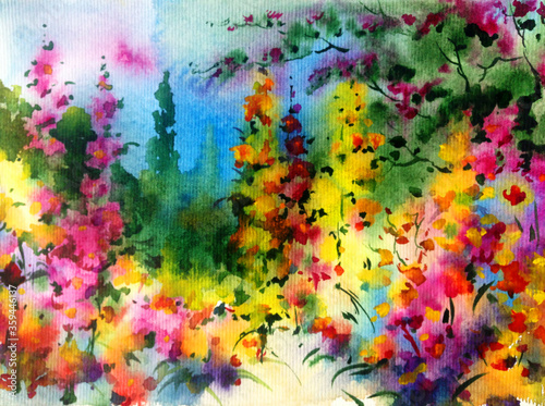 Watercolor colorful bright textured abstract background handmade . Mediterranean landscape . Painting of vegetation of the sea coast , idyll garden , made in the technique of watercolors from nature
