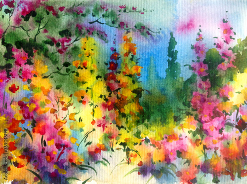 Watercolor colorful bright textured abstract background handmade . Mediterranean landscape . Painting of  vegetation of the sea coast , idyll garden , made in the technique of watercolors from nature