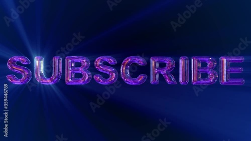 Animated phrase Subscribe in blue Disco ball style mirrored letters on dark blue background.