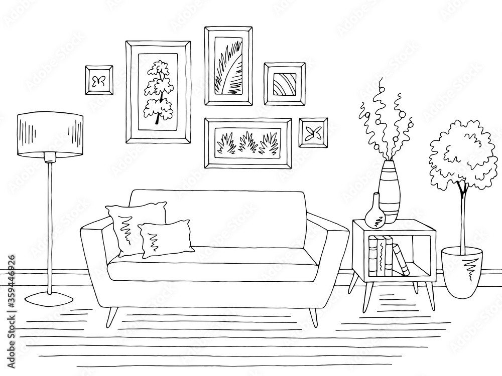 Obraz premium Living room graphic black white home interior sketch illustration vector