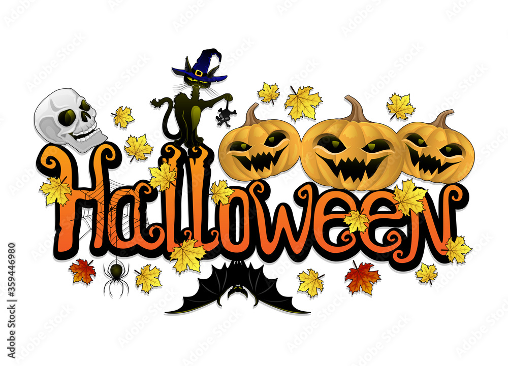 Label for halloween on a white background with pumpkins and a black cat. Label for halloween on a white background with pumpkins and a black cat.