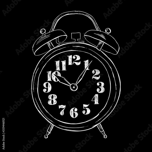 Alarm clock white outline vector illustration on black background. Hand sketched alarm clock vintage clipart