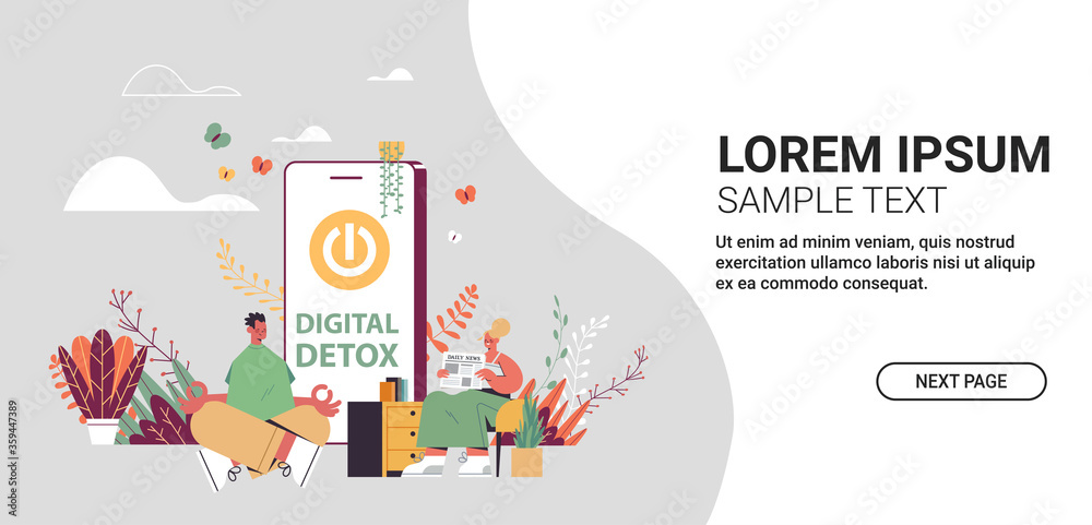 man sitting lotus pose woman reading book couple spending time without gadgets digital detox offline activities concept abandoning internet social networks full length vector illustration man sitting lotus pose woman reading book couple spending time without gadgets digital detox offline activities concept abandoning internet social networks full length vector illustration