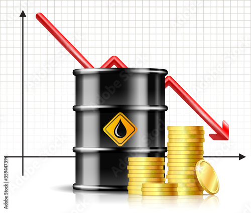 Oil barrel price falls down chart and Black oil barrel with stack of gold coins